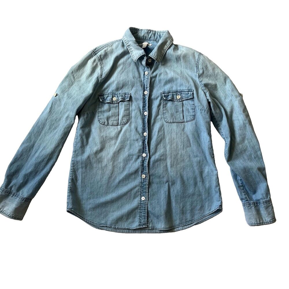 J.Crew Womens 6 Chambray Light Wash Button Down Roll Tab Sleeve Weathered Look